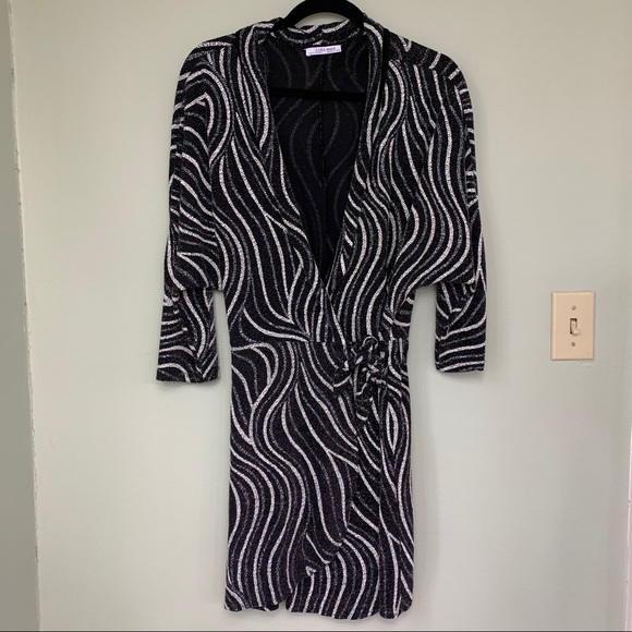 ZARA Glitter V-Neck Mini Wrap Dress Black & White - Picture 3 of 12